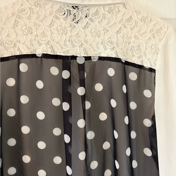 Sheer White Blouse Lace Yoke Polka Dot Back Button Front Roll Sleeve Top Women L - Picture 5 of 10